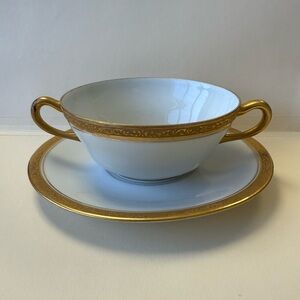 Vintage R&C Raynaud Limoges Two-Handled Cream Soup Bowl with Saucer.